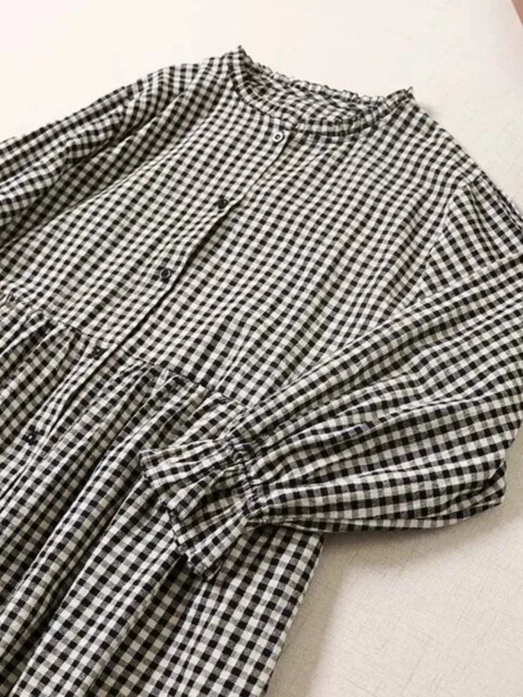 Kimotimo Japanse Mori Meisjes Plaid Shirt Jurk Vrouwen Lente Herfst Losse Schimmel Stand Kraag Casual Lange Mouw Jurken Vintage