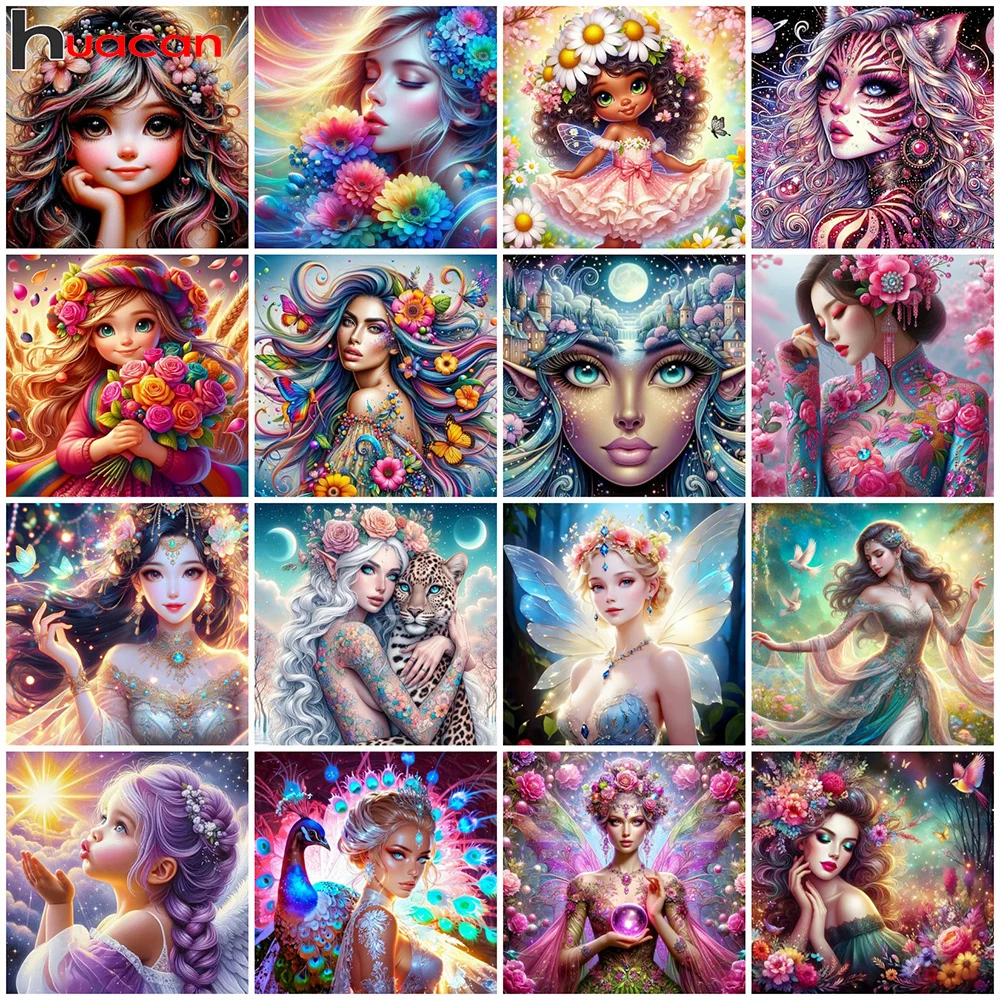 Huacan Cross Stitch Portrait Fairy 11ct Printed Canvas DIY Embroidery Flower Cotton Thread Needlework Wall Home Decor