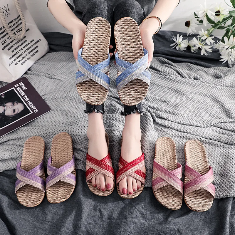 

Linen Slippers For Women 2024 Summer Indoor Home Anti Slip Couple Cool Slippers For Men In Summer Silence Soft Slippers