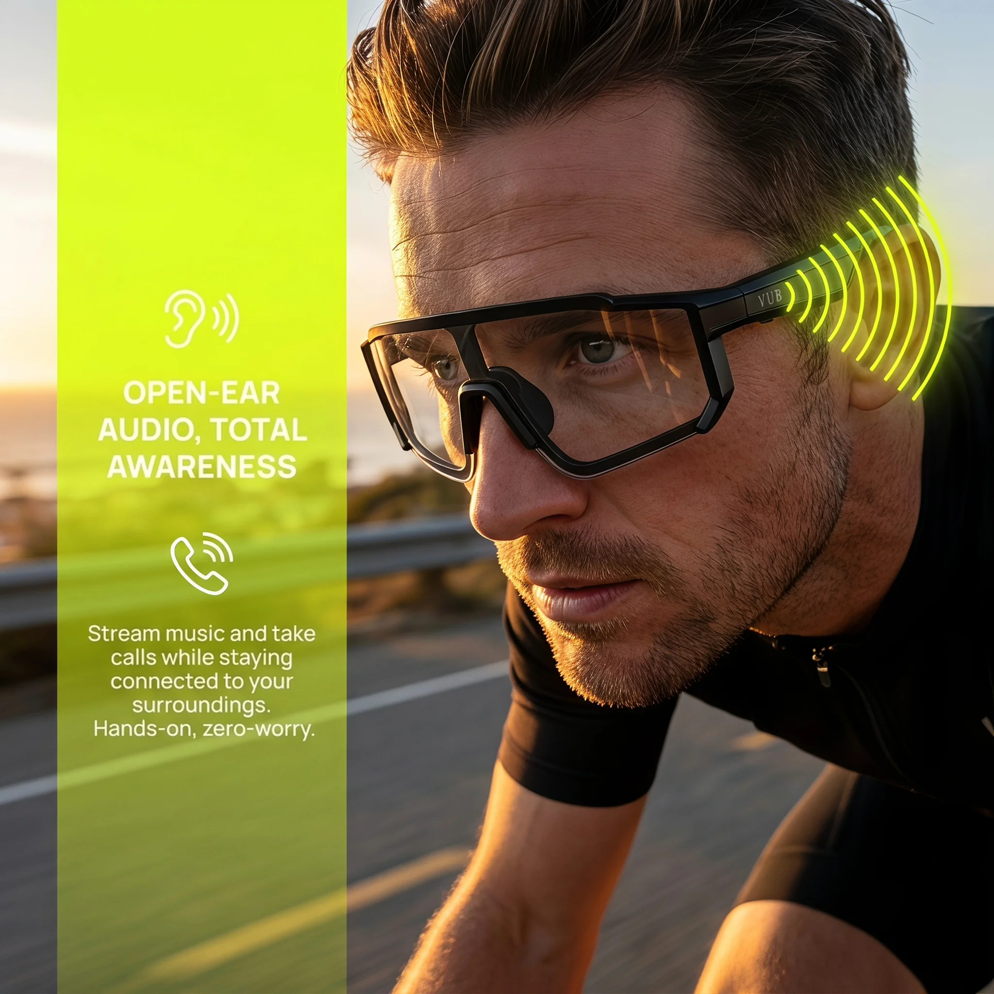 VUB Smart Cycling Glasses, Photochromic Lenses, Translation in Over 160 Languages, Bluetooth Open-Ear Sports Sunglasses