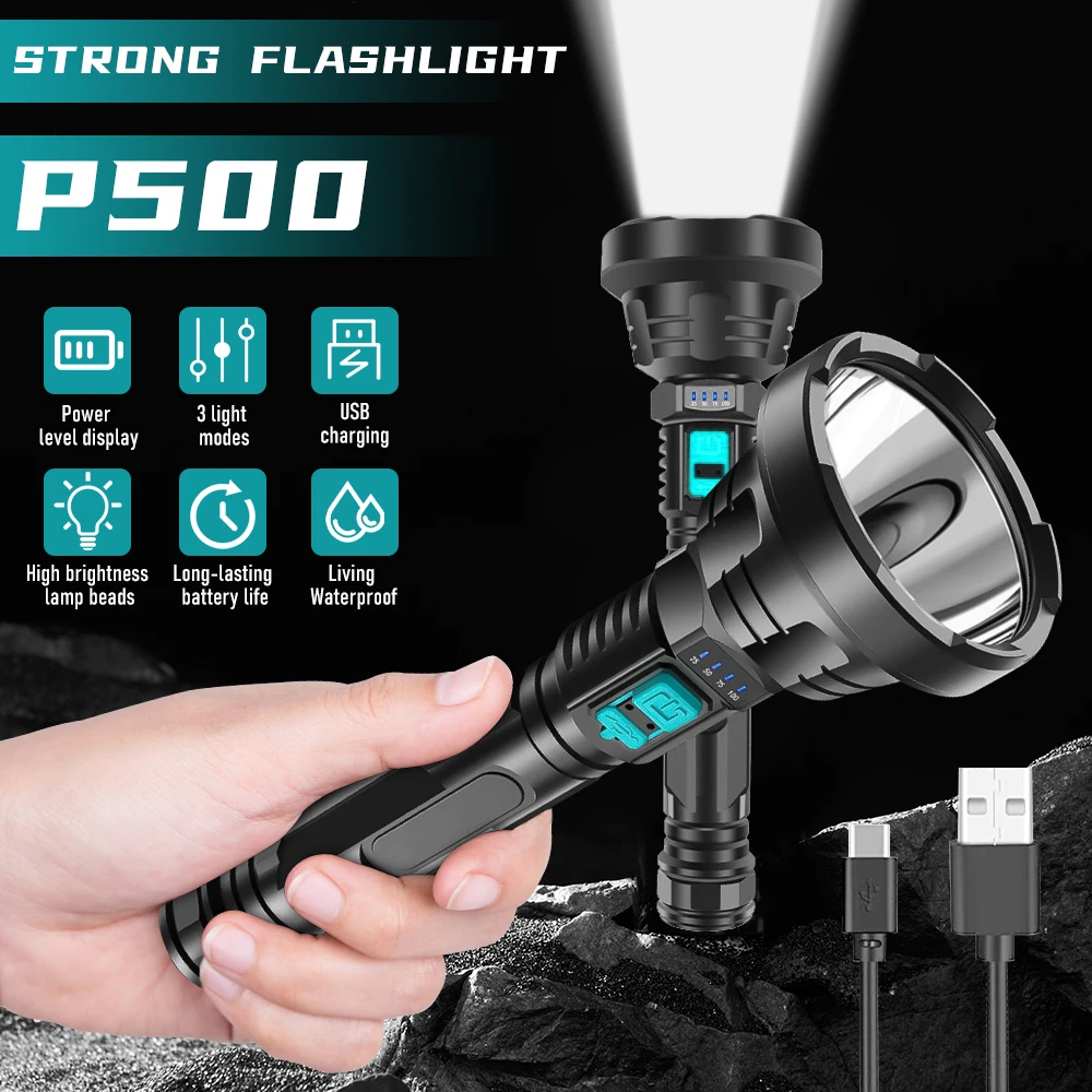 Powerful LED Flashlight P500 Tactical Flash light Long Range 500m Torch Waterproof Camping Hand Light USB Rechargeable