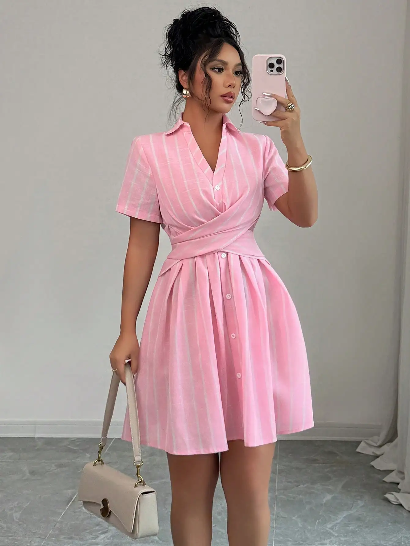 

Women's Pink Striped Wrap Waist Shirt Dress with V-Neck and Short Sleeves