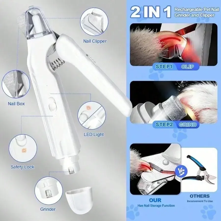 New Model 2‑In‑1 Dog Nail Clippers With Lights ‑ Electric Pet Nail Grinder Quiet, Suitable For Small Large Dogs And Cats, Led Prevents Over‑Cutting, Usb‑C Rechargeable Safety Protection Grooming Kit For Black Nails