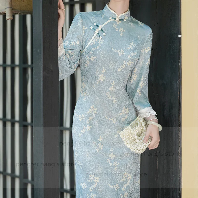 

Women Sexy Lace Trim Sleeve Chesongam Princess Style Chinese Dress Elegant Flower Print Vestidos Casual Evening Party Hanfu Robe
