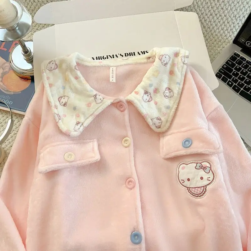 Hello Kitty pyjama meisjes herfst en winter koraal fluweel verdikte warme lange mouwen schattige cartoon pop kraag huiskledingset
