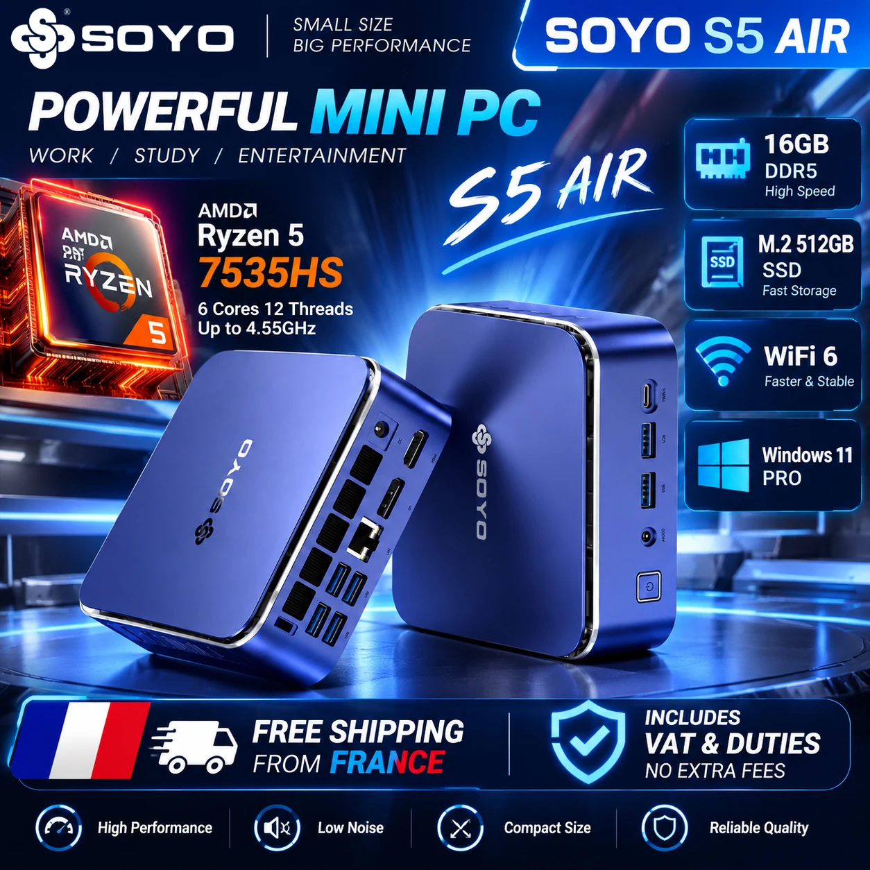 SOYO Nieuwe Productlancering S5 AIR Gaming Mini Computer AMD Ryzen 5 7535HS (6 cores, 12 threads, 3.3 GHz) Mini PC 16GB LPDDR5 RAM 512GB M.2 SSD WIFI6 BT Windows 11 Pro