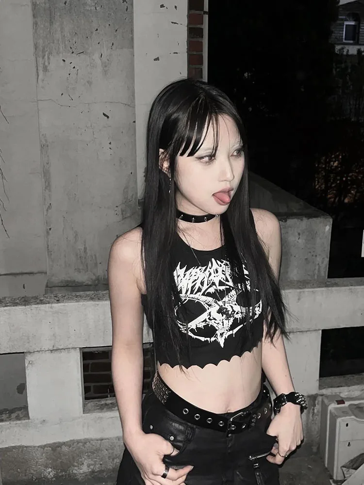 Goat print Harajuku style women's Gothic punk black vest sleeveless open umbilical cord street fashion