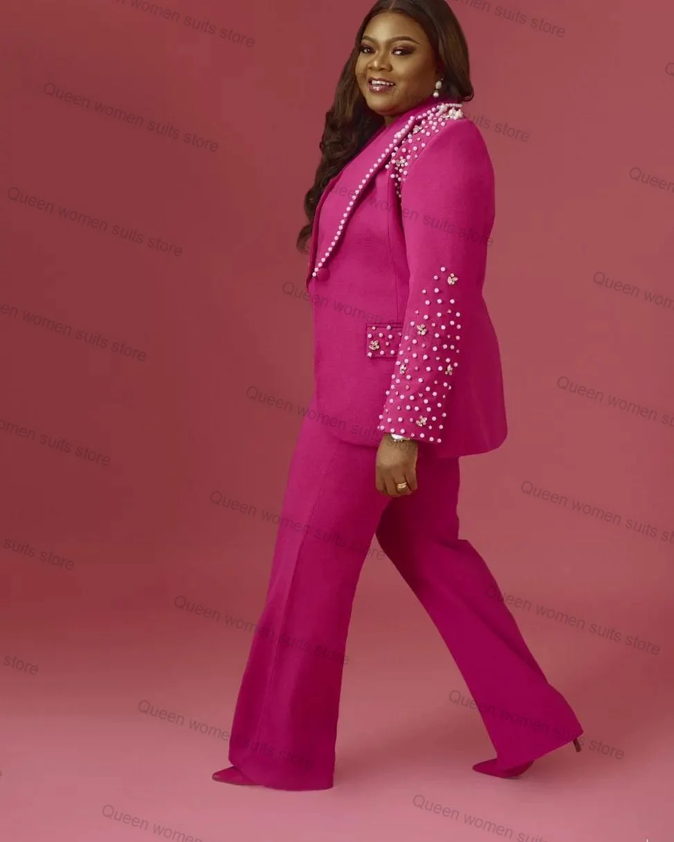 

Formal Pink Crystals 2 Piece Women Suits Pants Set Blazer+Trouser Mother Guest Tailored Size Wedding Tuxedo Coat Prom Jacket