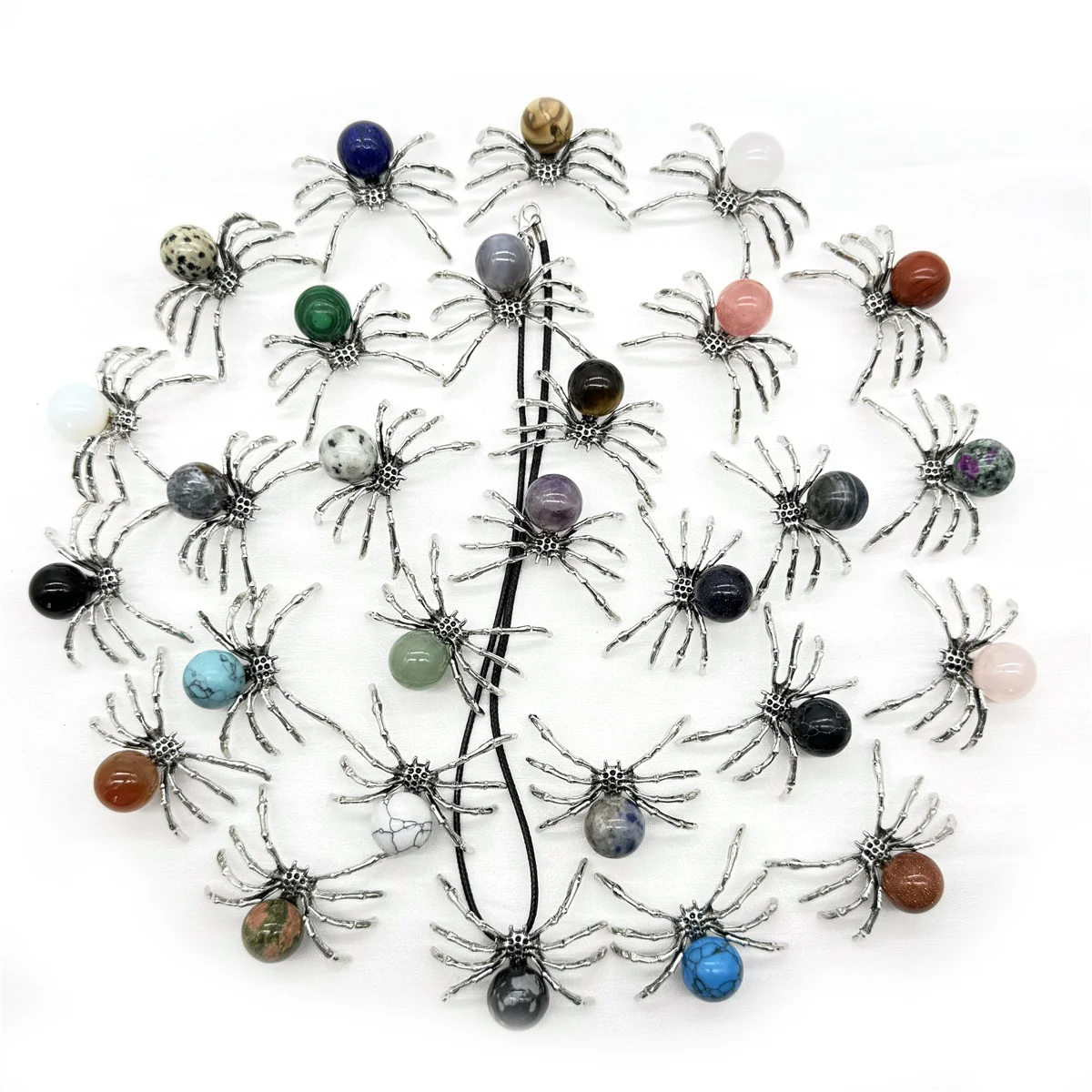 Natural Gem stone Quartz Crystal Mix agate Long legged spider alloy Animal pendant charms for DIY jewelry making necklace 1pcs