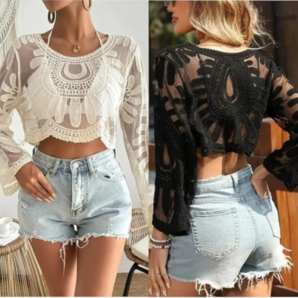 

Sheer Fabric​​ Floral Embroidered Cover Up​​ ​​Lace Trim​​ ​​Lightweight​​ ​​Boho Beach Coverup​​ ​​Breathable​​