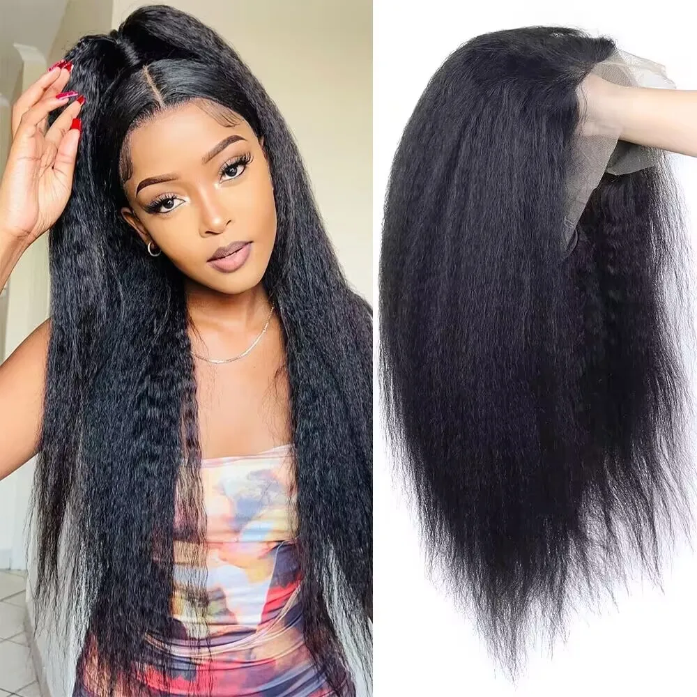 Long Kinky Straight Human Hair Wig 13x4x1 T Part Yaki Lace Wig With Baby Hair Heat Resistant Middle Part Wig Natural For Women