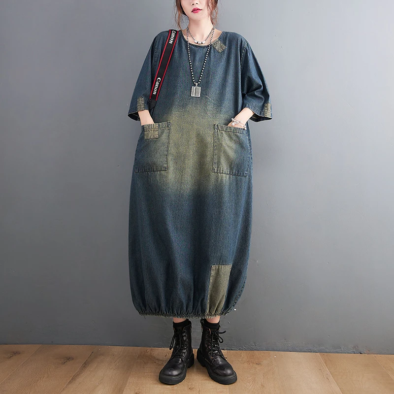 

Loose Fit Mid-Length Denim Dr for plus Size Women Autumn Faion Casual Cotton round Ne A-Line Skirt with kets