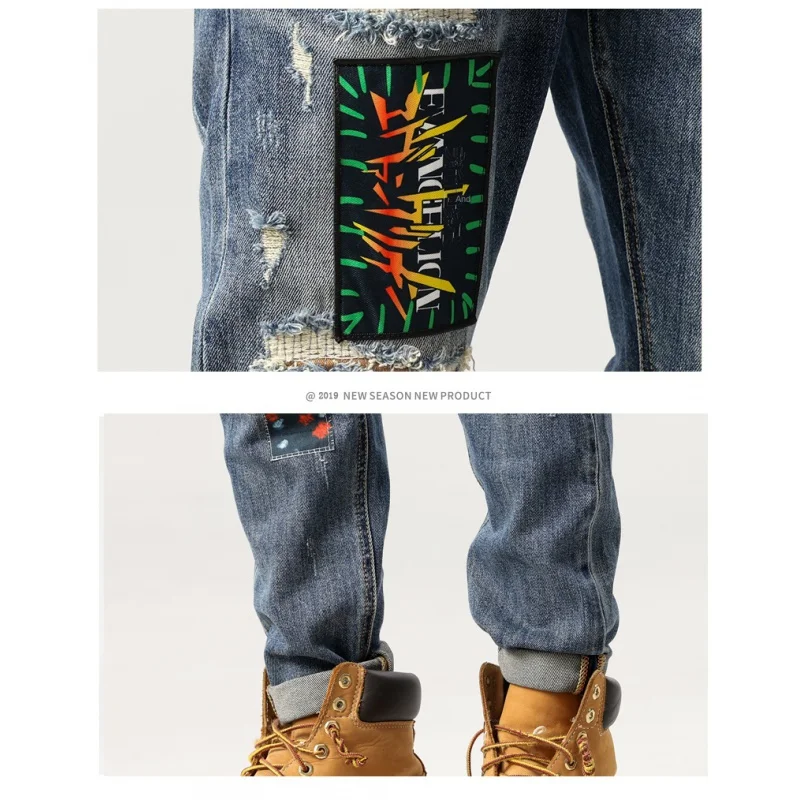 Designer Street Hip Hop Personality Fashion Men's Jeans Vintage Stretch Embroidery Splicing Skinny Patch Ripped Jeans Hombre