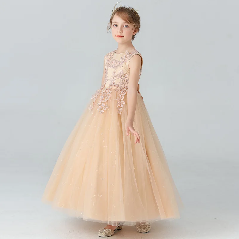 4-14 year old girl\'s party dress sleeveless mesh embroidery Festival Party communion Party Princess Dress Sequin long dress