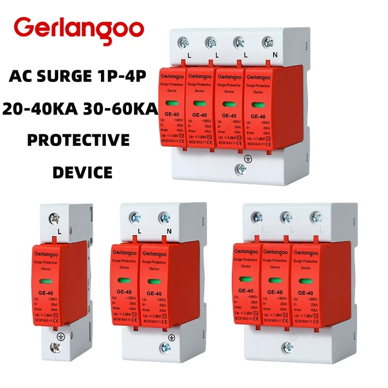 Dispositivo de Proteção Contra Surtos (SPD) AC 275V 385V, Para-Choque de Baixa Tensão Residencial, Proteção Contra Surtos de Tensão de 1/2/3/4 Polos, 20-40KA 30-60KA