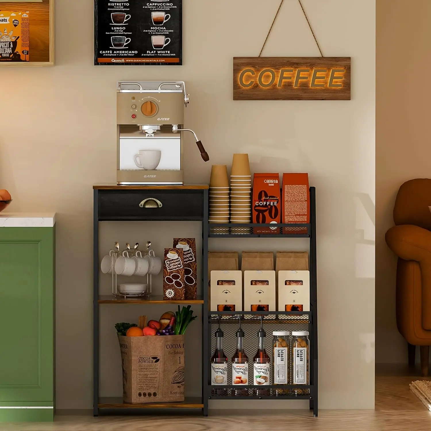 Kaffee bar Schrank, Kaffeest änder Station mit Schublade für Kaffee zubehör Sirup Spender, 3-stufiger Bauernhaus Couch tisch mit