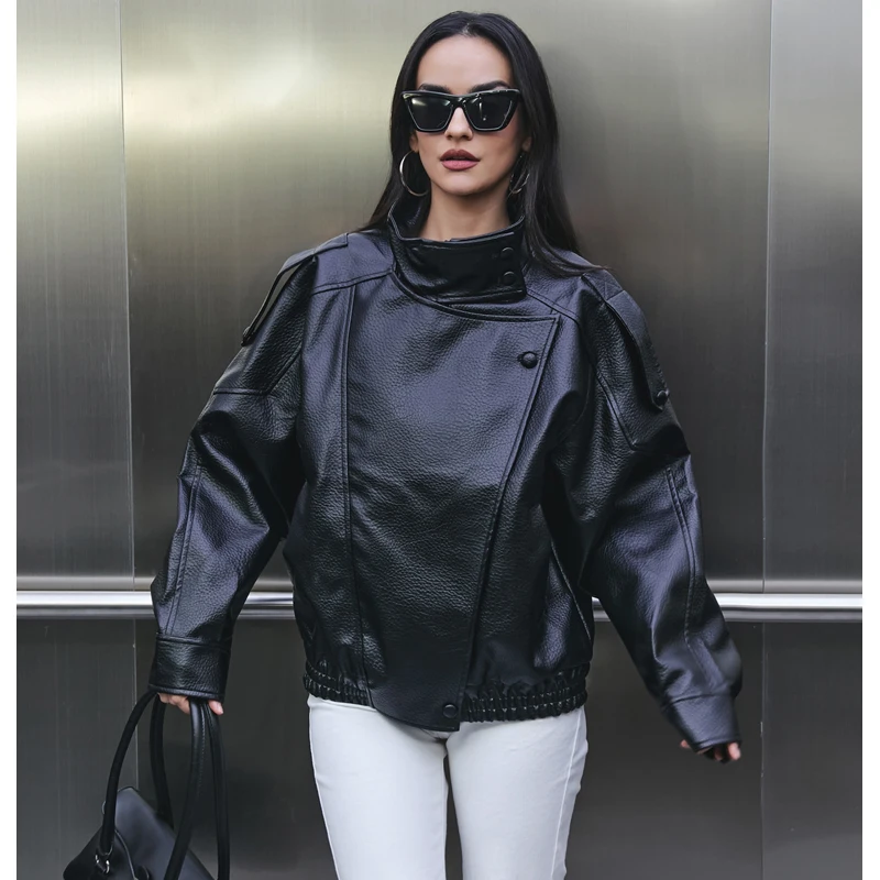 MUJER Faux Leather Women's Jacket Black Oversize Bomber Jackets for Women Outerwears Winter Overcoat Female Fashion Jacket Woman