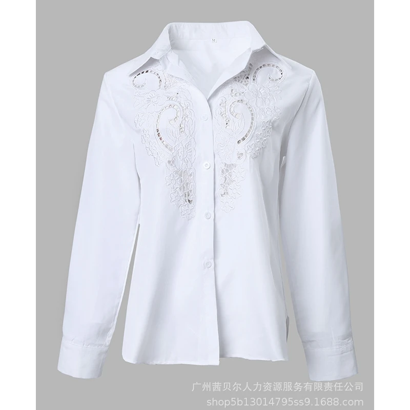 Women Shirt Tops Spring Summer Solid Embroidery Hollow Out Shirt Women Long Sleeve Single Breasted Turn-down Collar Loose Shirt