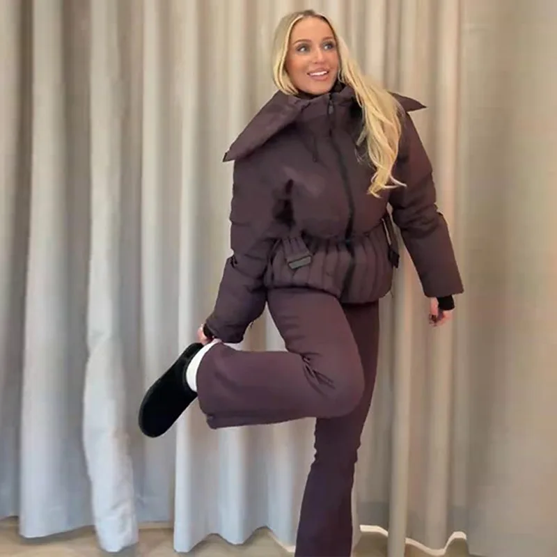 Hooded Skiing Coats Women Solid Stand Collar Belts Pleated Zippers Full Sleeve Thicken Cotton Jacket 2026 Winter Lady Outwears