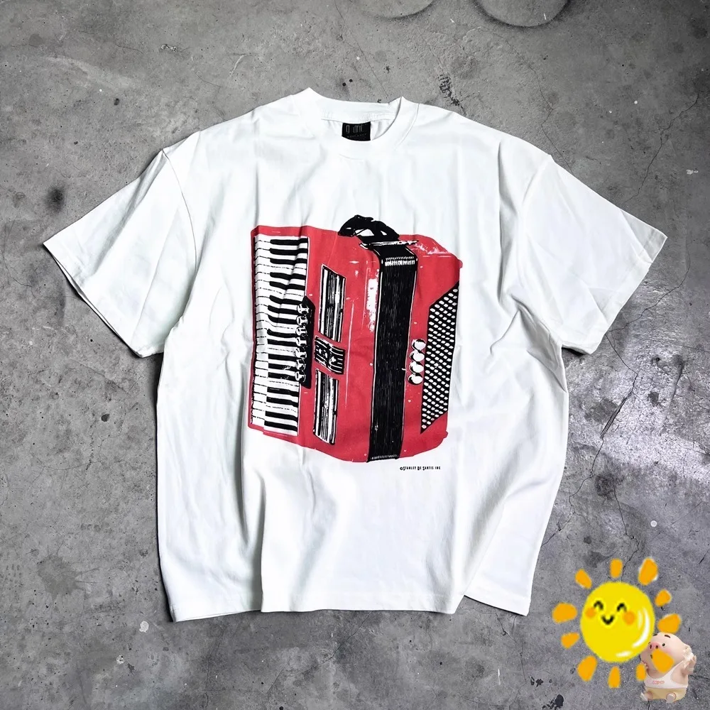 

24SS High Quality Vintage Accordion Print T Shirt Men Women Summer Style T-shirt Top Tees Streetwear