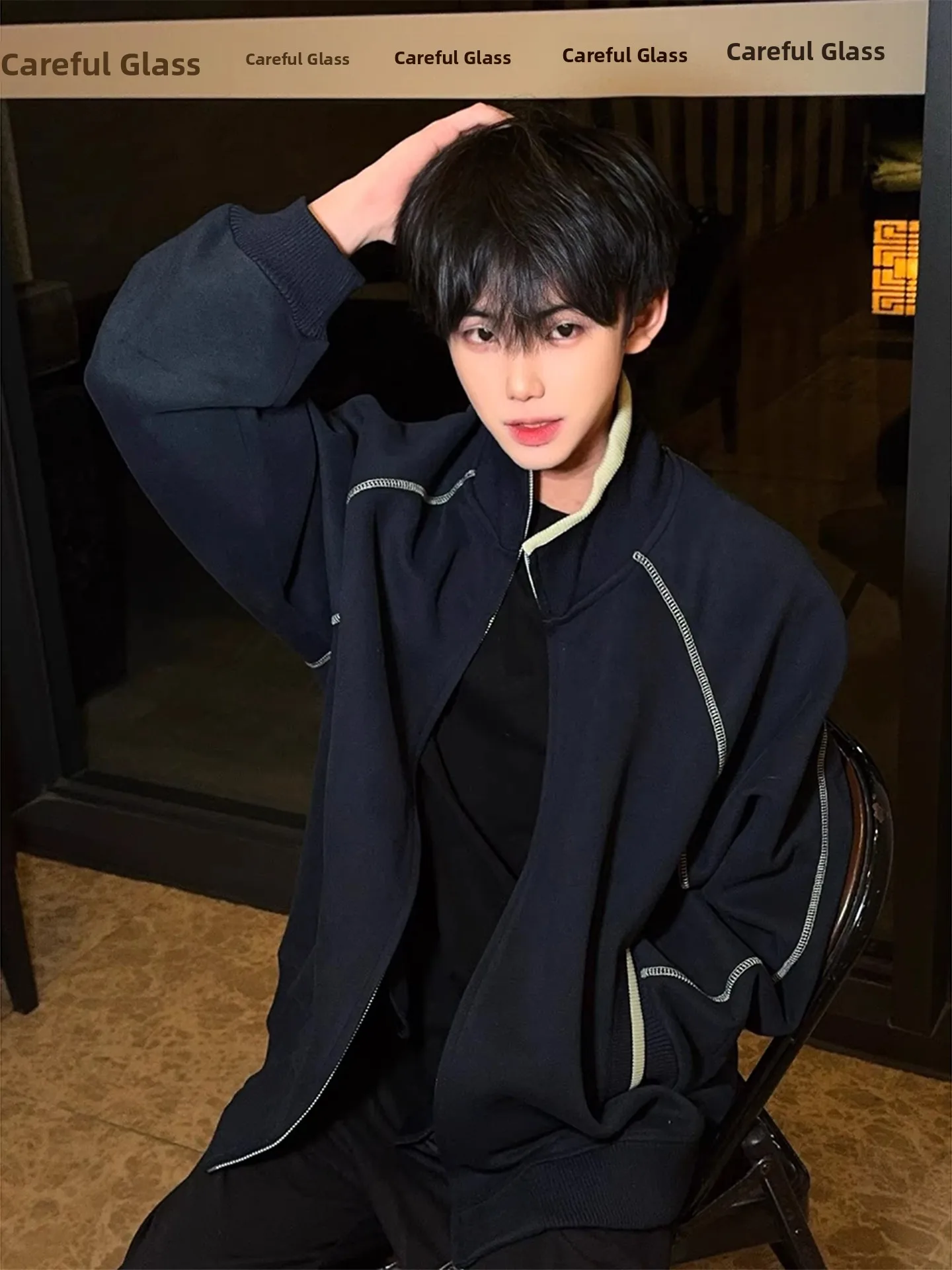 

Мужская спортивная куртка Hassuline Blue: весенне-осенняя, в американском ретро-стиле, с цветными вставками, воротником-стойкой, кардиган-свитшот, верхняя одежда