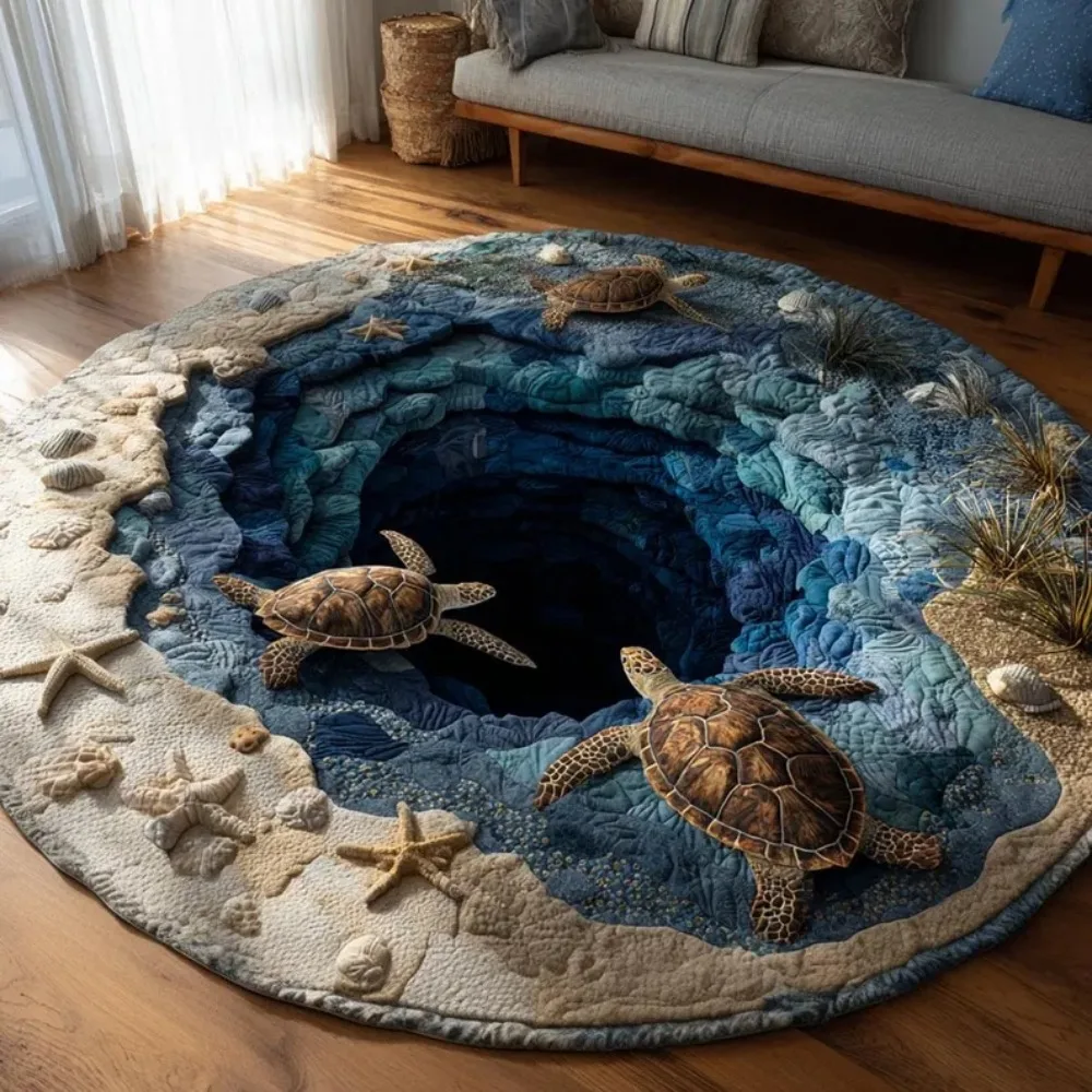 2D Ocean Cave Turtle Area Rug Round Marine Life Decor Non - Slip Carpet Perfect for Living Room/Bedroom Coastal Home Style