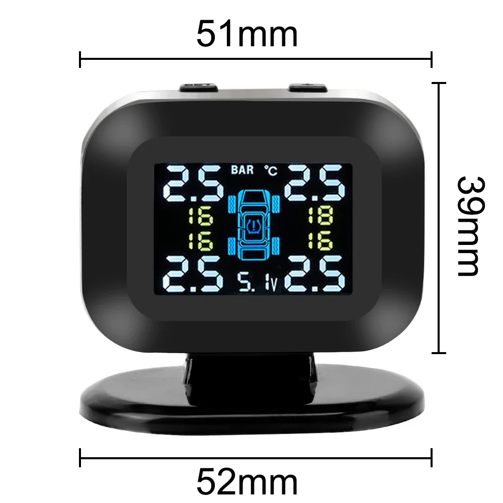 USB TPMS พร้อม 4 ชิ้นเซ็นเซอร์ภายนอกจอแสดงผล LCD ไร้สายระบบเตือนภัยอัตโนมัติระบบตรวจสอบความดันยางรถยนต์ขนาดเล็ก