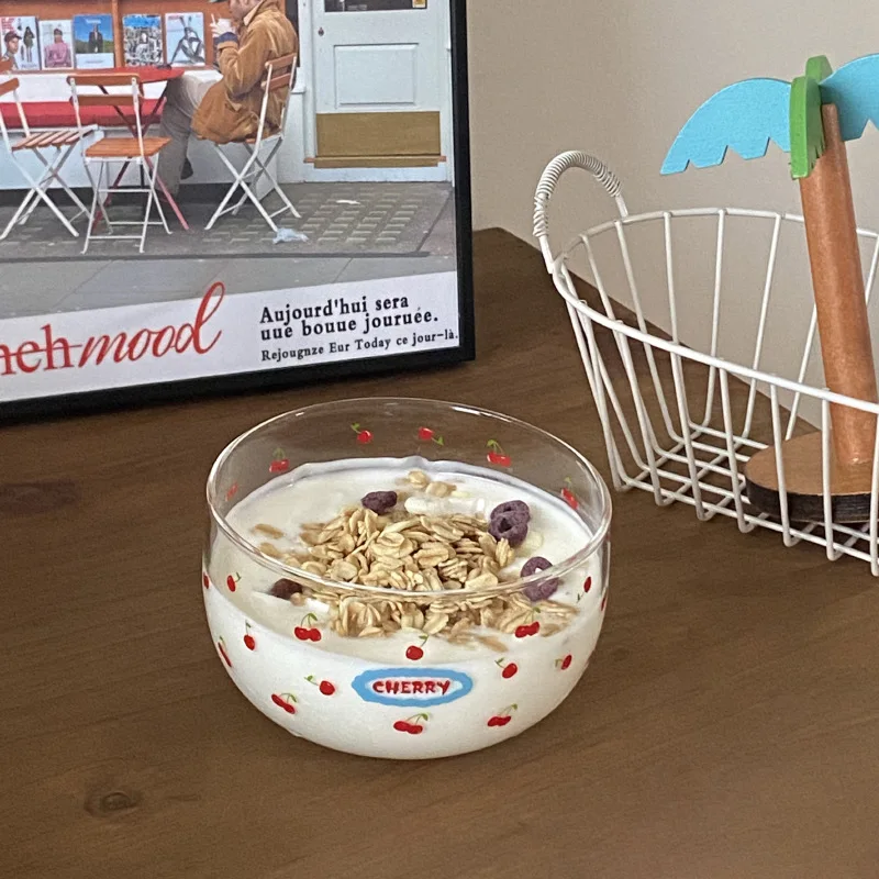 

Cute Girl Heart Red Cherry Dert Bowl High Temperature Resistant Glass Bowl Korean Sle Yogurt Cup Breakfast Bowl