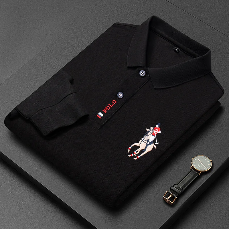 Classic cotton men's long sleeved T-shirt with collar and polo shirt embroidered casual men's top for autumn and winter