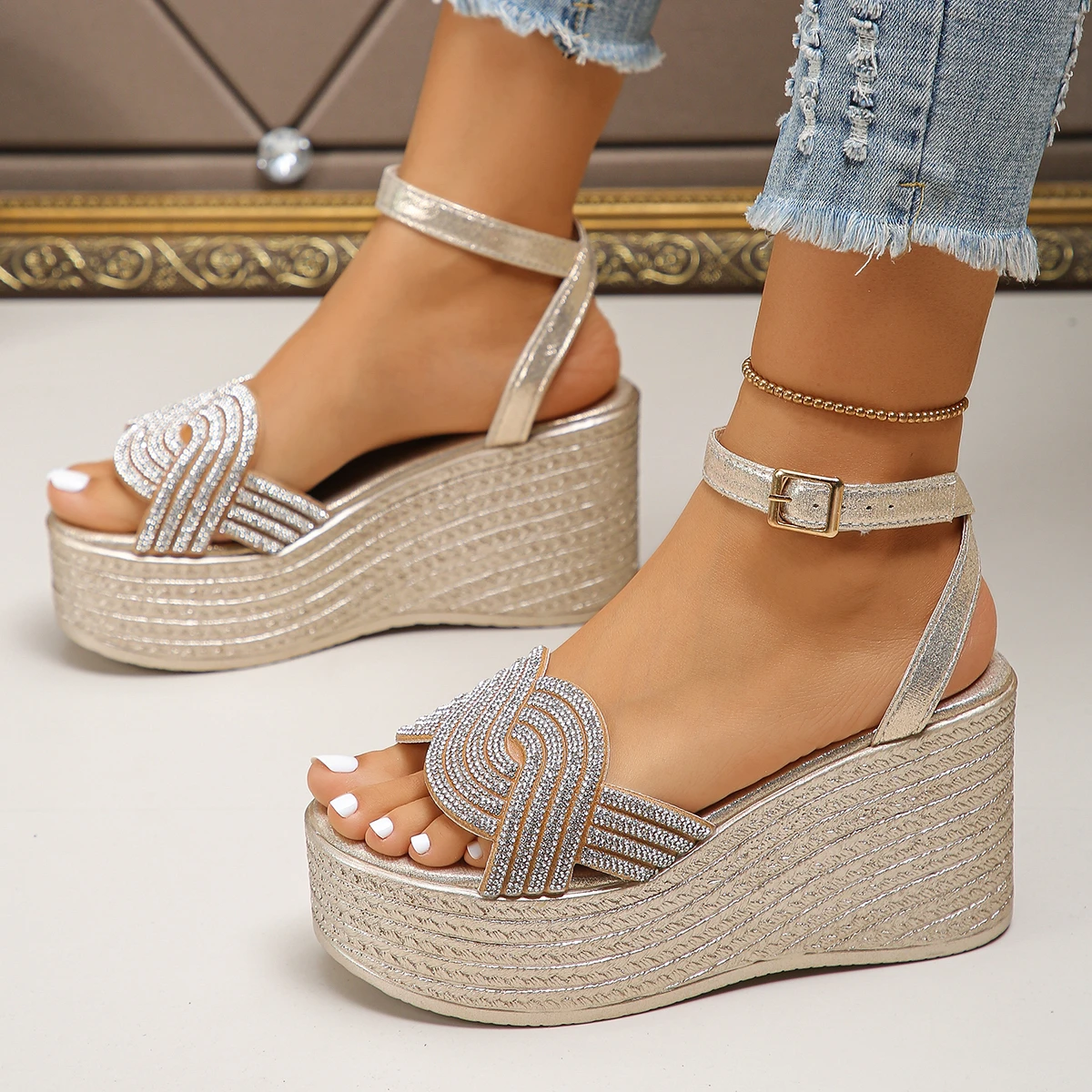 Women Sandals 2024 New Summer Weave Solid Platform Wedges Open Toe Sandals Fashion High Heels Dress Shoes Zapatos De Mujer