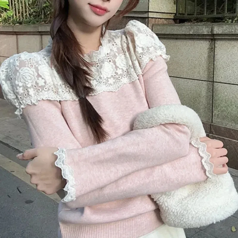 Solid Color Crew Neck Lace Patchwork Long Sleeve Knitted Female Autumn Winter Slim Undershirt Commute All-match Classic Pullover