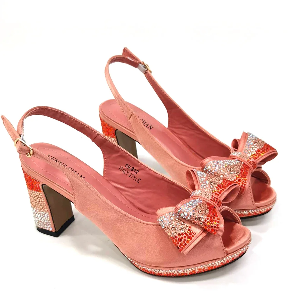 Venus Chan-Peach Color Rhinestone Bow Peep Toe Sapatos de salto alto para mulheres, bolsa elegante, sapatos de festa de casamento, 2022