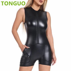 Women Bodysuit Metallic Front Zip Mock Neck Catsuit Sexy One Piece Leather Shaper Short Jumpsuits Tank Top Shapewear with Pocket