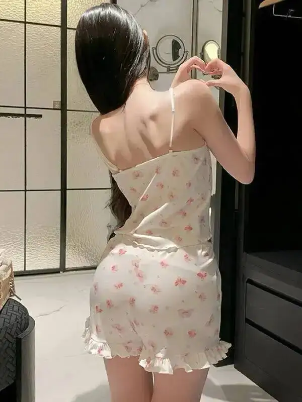 여름 새로운 캐미솔 반바지 세트 섹시한 꽃 여성 홈웨어 잠옷 겉옷 달콤한 탱크 탑 반바지 세트 한국 여성 FSZ8