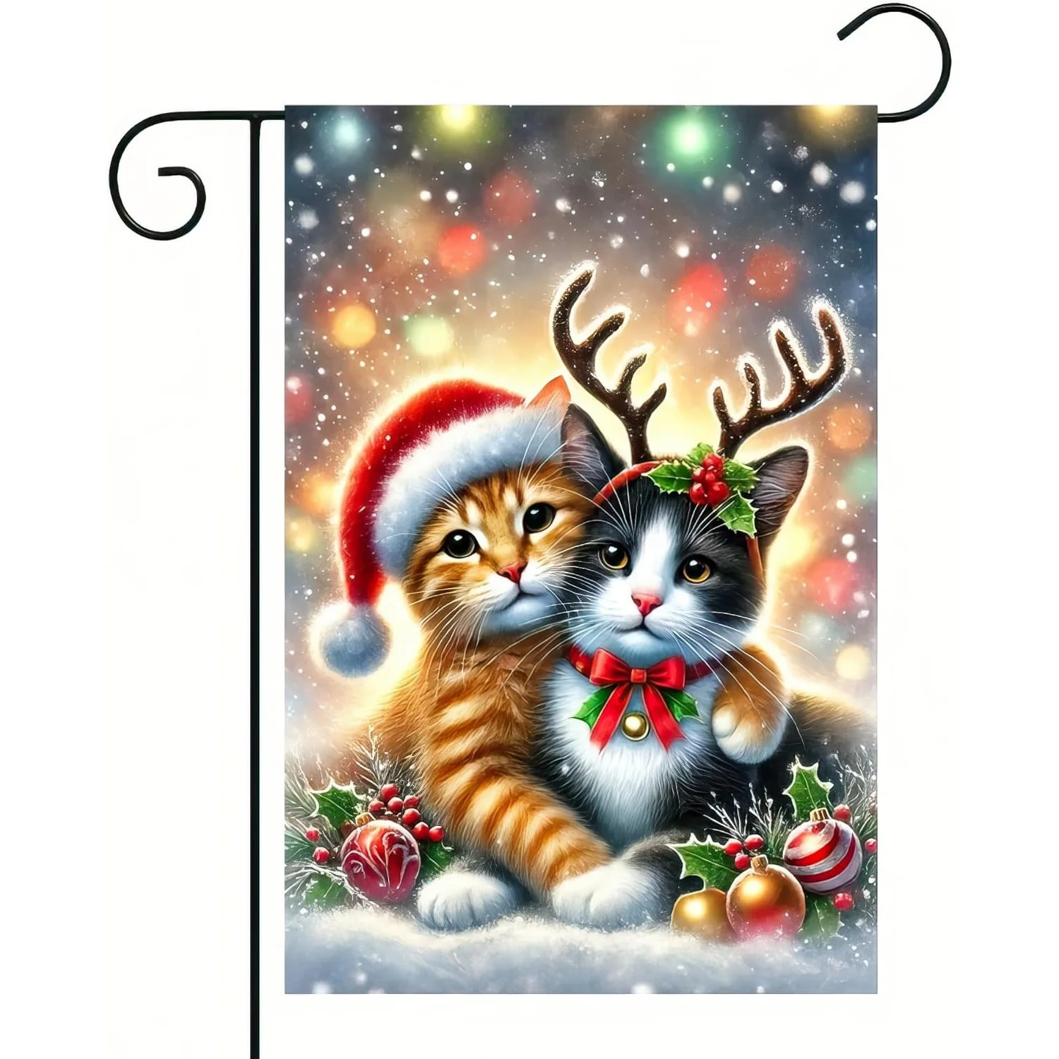 Bandera navideña para jardín, con diseño de gatos de invierno y motivos navideños, de 12x18 pulgadas, con un sombrero de Papá Noel y astas de reno, para decoración de exteriores, ideal para fiestas y celebraciones navideñas en jardines, patios y terrazas.