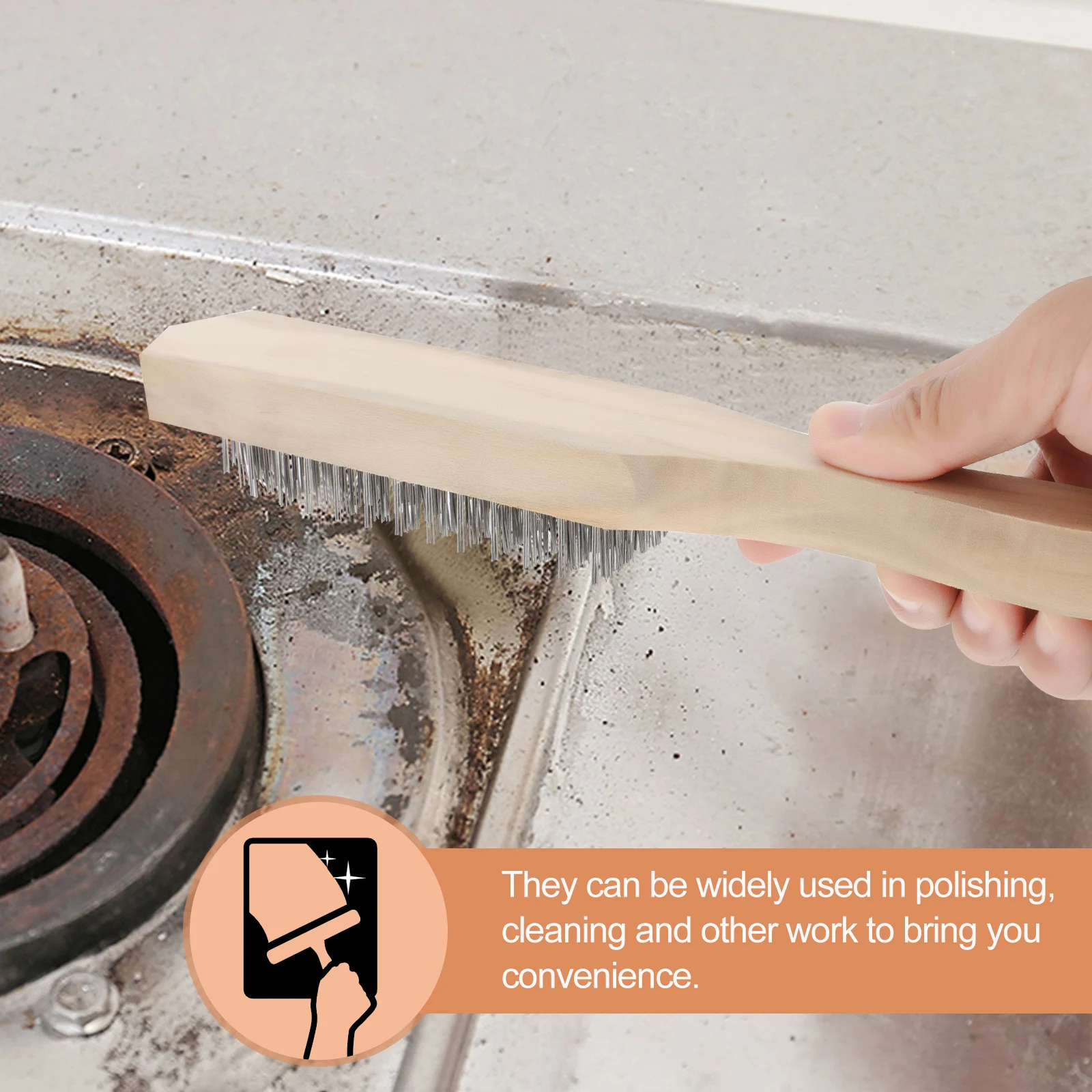 5 قطعة فرش تنظيف أسلاك الفولاذ مقبض خشبي إزالة الصدأ أدوات عملية تنظيف الأسلاك البيج إزالة الصدأ دائم #4