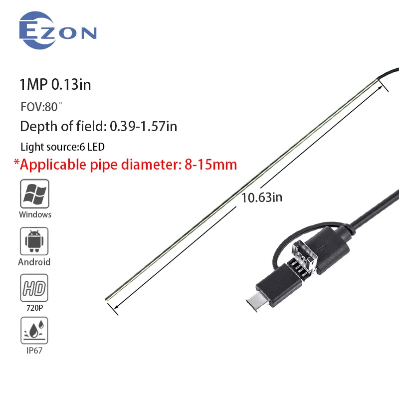 

1MP, 0,13 дюйма, FOV80 ° , Водонепроницаемость IP67, USB-интерфейс, подходит для проверки бочонка пистолета, промышленный эндоскоп USB 3-в-1