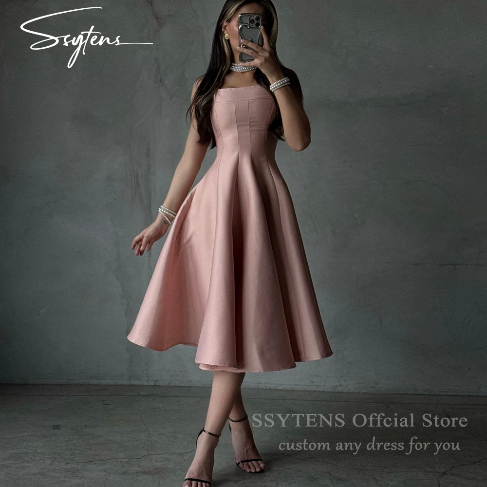 

SSYTENS Elegant Pink Prom Dresses Square Collar A Line Formal Occasion Dress Tea Length платье женское Party Gowns