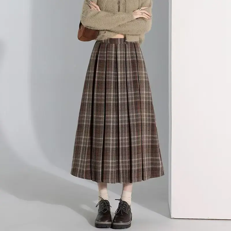 Women's Autumn Winter Vintage Plaid High Waist Half Skirts Korean Lady Graceful Basic Joker Pleated Woolen Midi Skirt