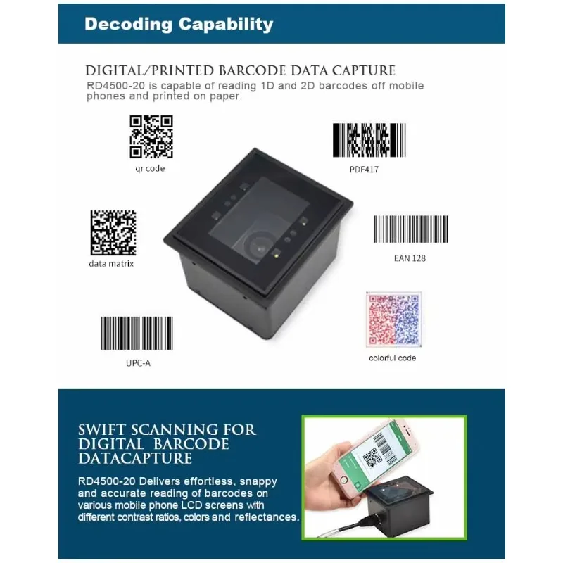 Rakinda RD4500 Fixed Mount CMOS Mobile Screen Barcode Reader Stationary Barcode Scanner Kiosk Self Service QR Code Reader