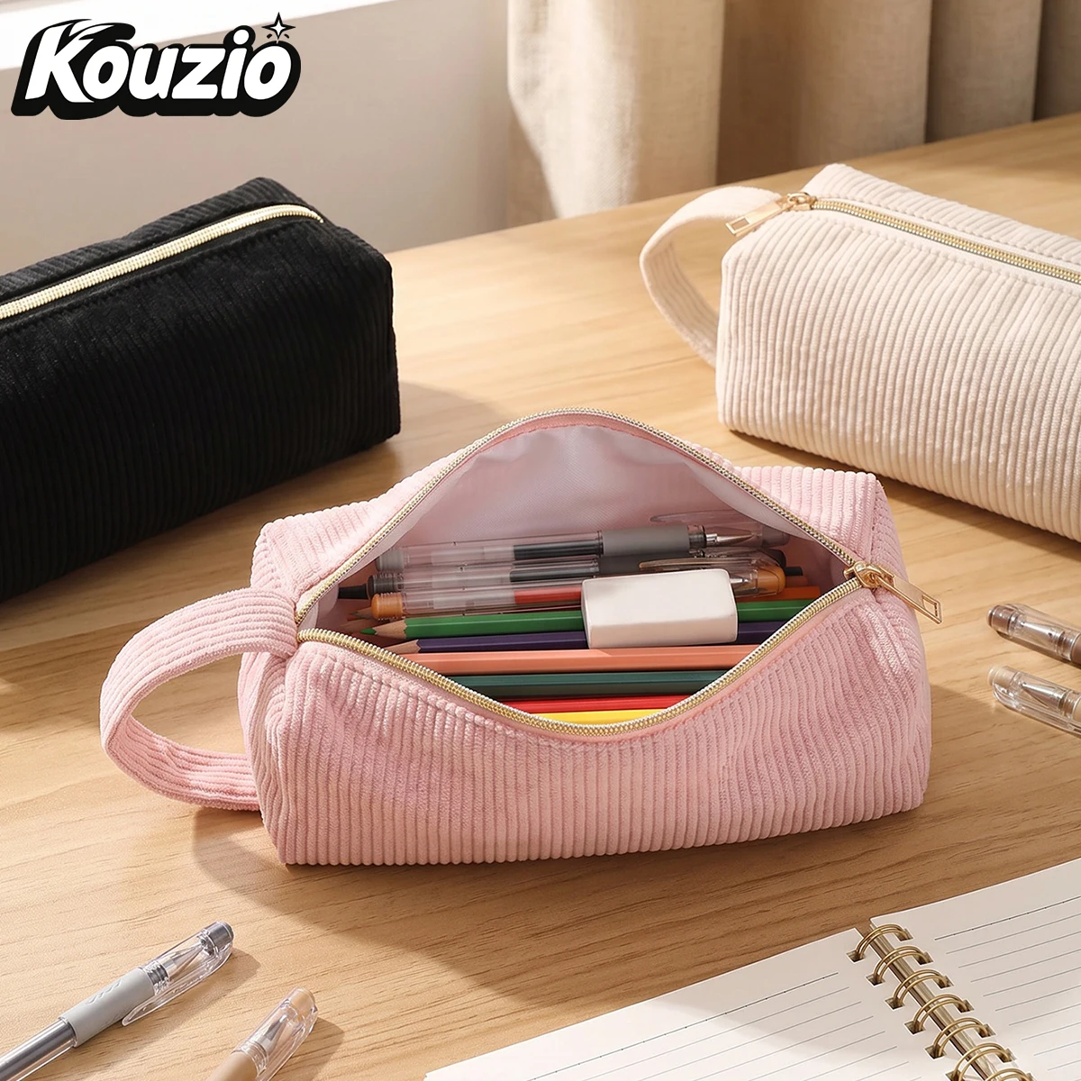 Corduroy Pencil Case with Wrist Strap Zipper Pen Bag Portable Minimalist Stationery Organizer Aesthetic Back to School Supplies