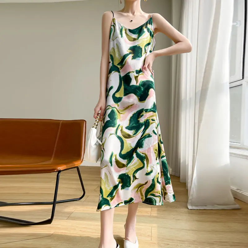 Summer V-neck Fashion Print Suspender Dress Female Sleeveless Temperament Joker Satin Bottoming Vest Dress