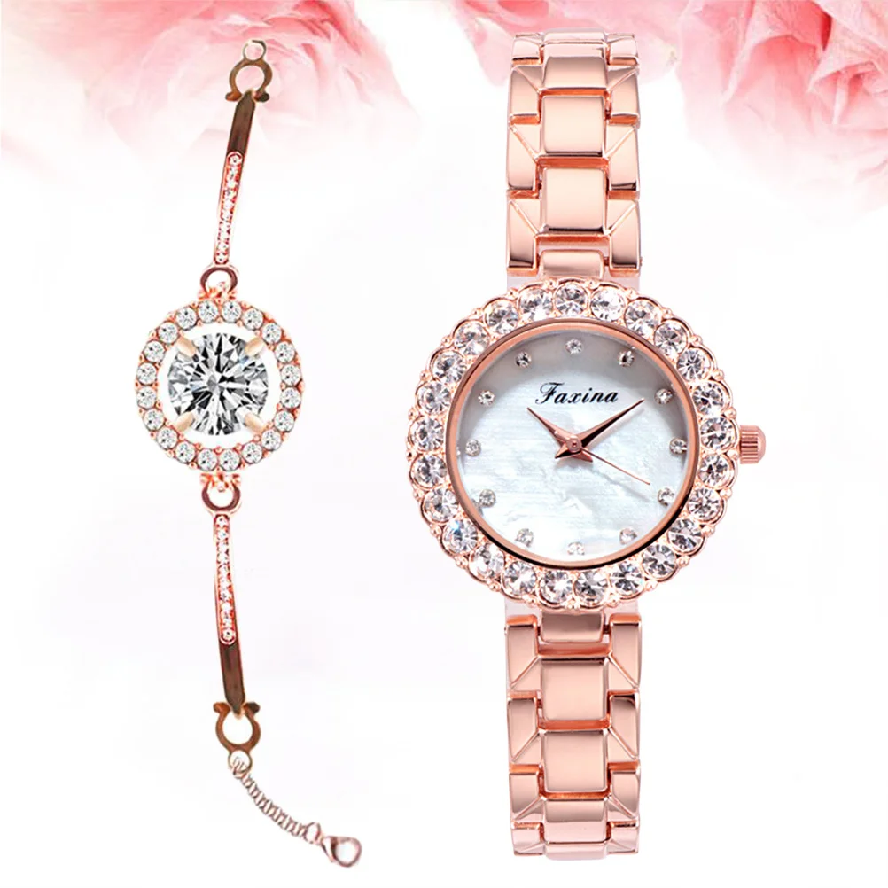 

2 pcs Women'S Rhinestone Watch Set Stainless Steel Chain Zircon Analog Bracelet Watch For Women Fashion Party Timepiece Rose