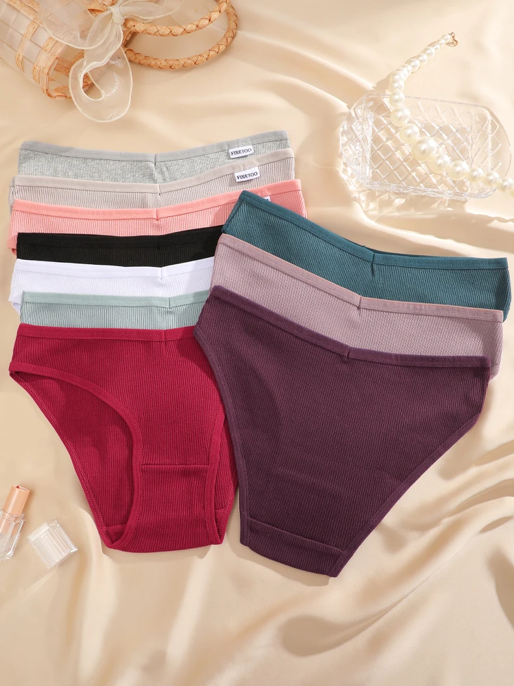 FINETOO 7Pcs Cotton M-3XL Striped Underwear Women's Breathable Panties Sexy V Waist Comfortable Briefs Ladies Low Waist Lingerie image 2