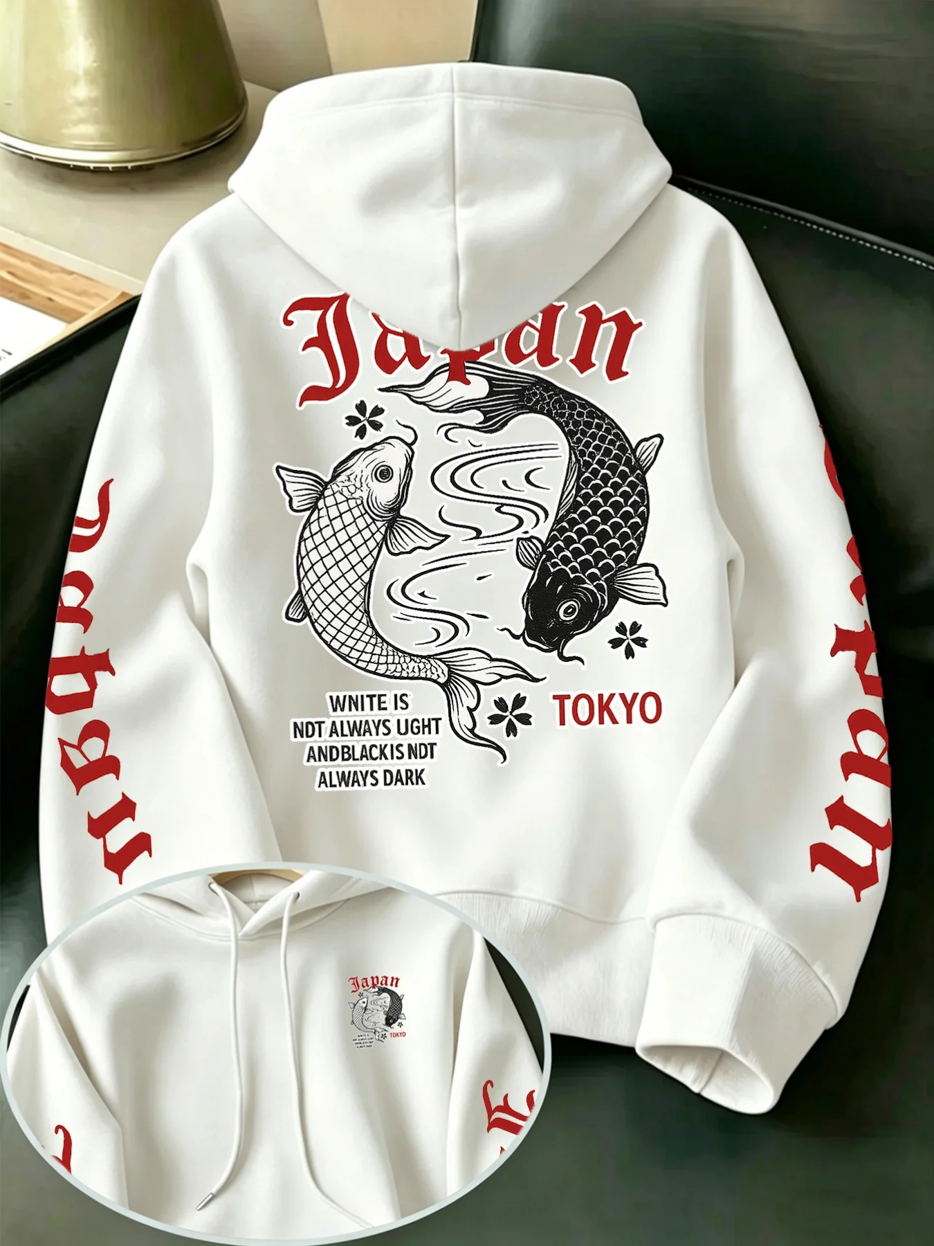 Japanese-style Yin-Yang Koi Fish Print Men's Fashion Hoodie, Autumn/Winter Multifunctional Comfortable Warm Fleece Top