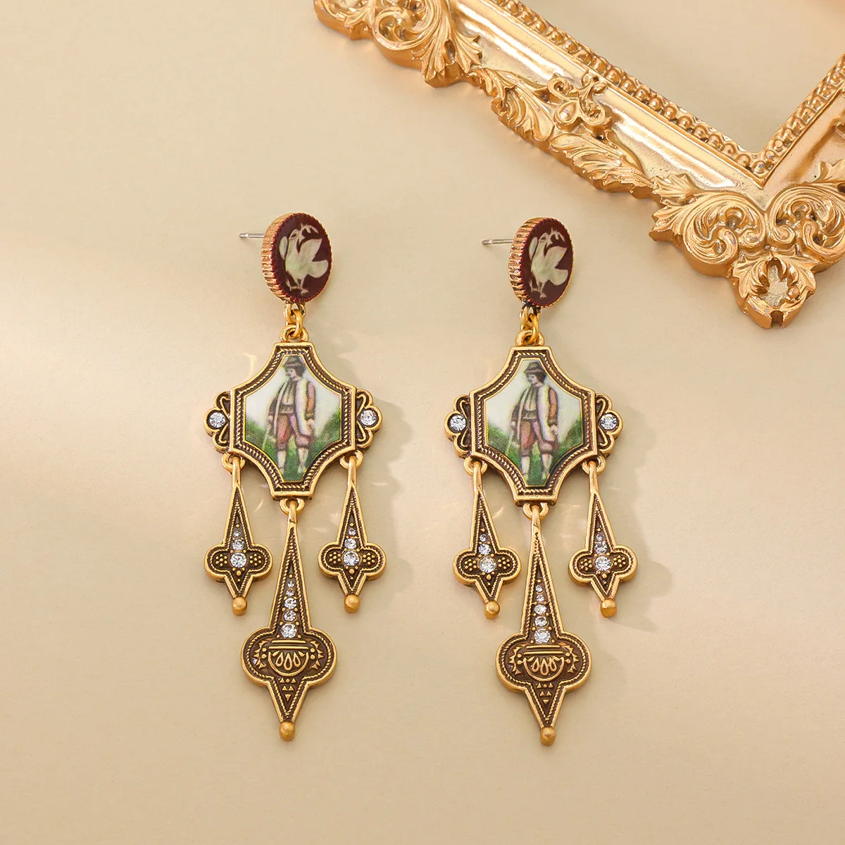 Vintage Silver Needle Fashion Retro Portrait Long Tassel Earrings