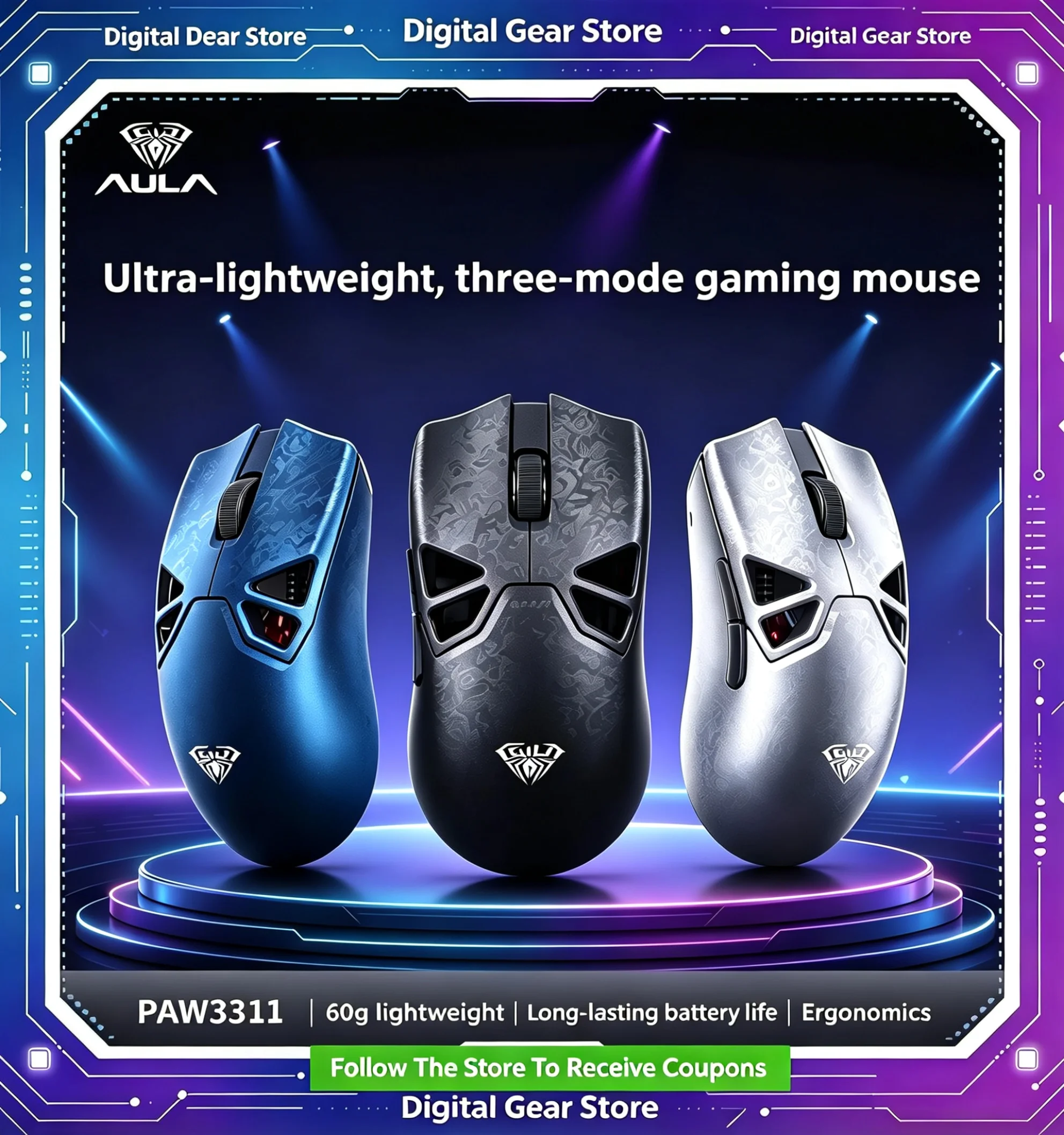 AULA L3 Wireless Gaming Mouse Tri Mode Composite Carbon Fiber Hollow 60G Lightweight PAW3311 Sensor E-Sports Gaming Mice For PC