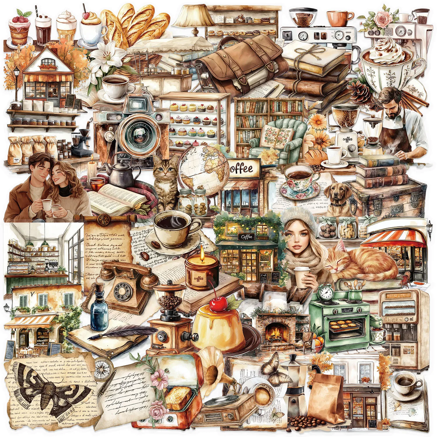 50PCS Fun Cartoon Vintage coffee Stickers Scrapbooking Collage Material Phone Cases Guitar Notebooks DIY Decorative