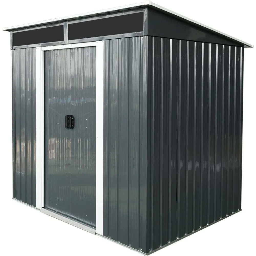 سقيفة تخزين معدنية خارجية بطول 6 أقدام × 5 أقدام مع أبواب منزلقة قابلة للقفل ولوحة شفافة للحديقة والحديقة (أسود وأبيض)