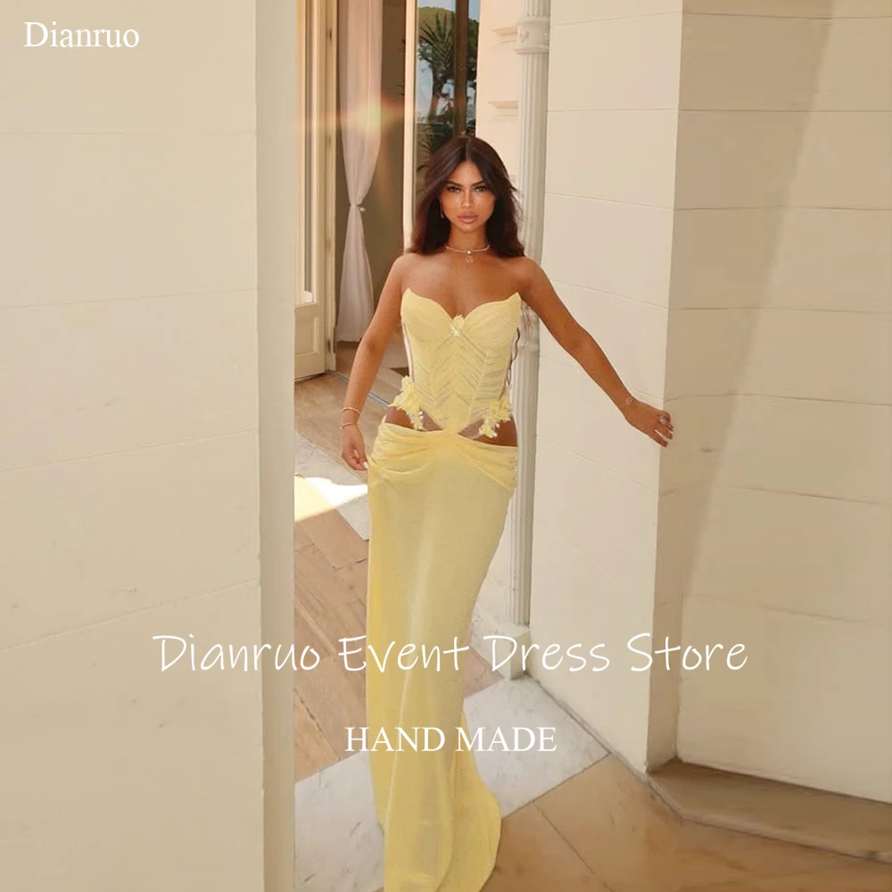 

Dianruo Illusion Chiffon Evening Dresses Beach Pleated Formal Party Gown Yellow Sweetheart Cut Out Robes De Soirée Customized